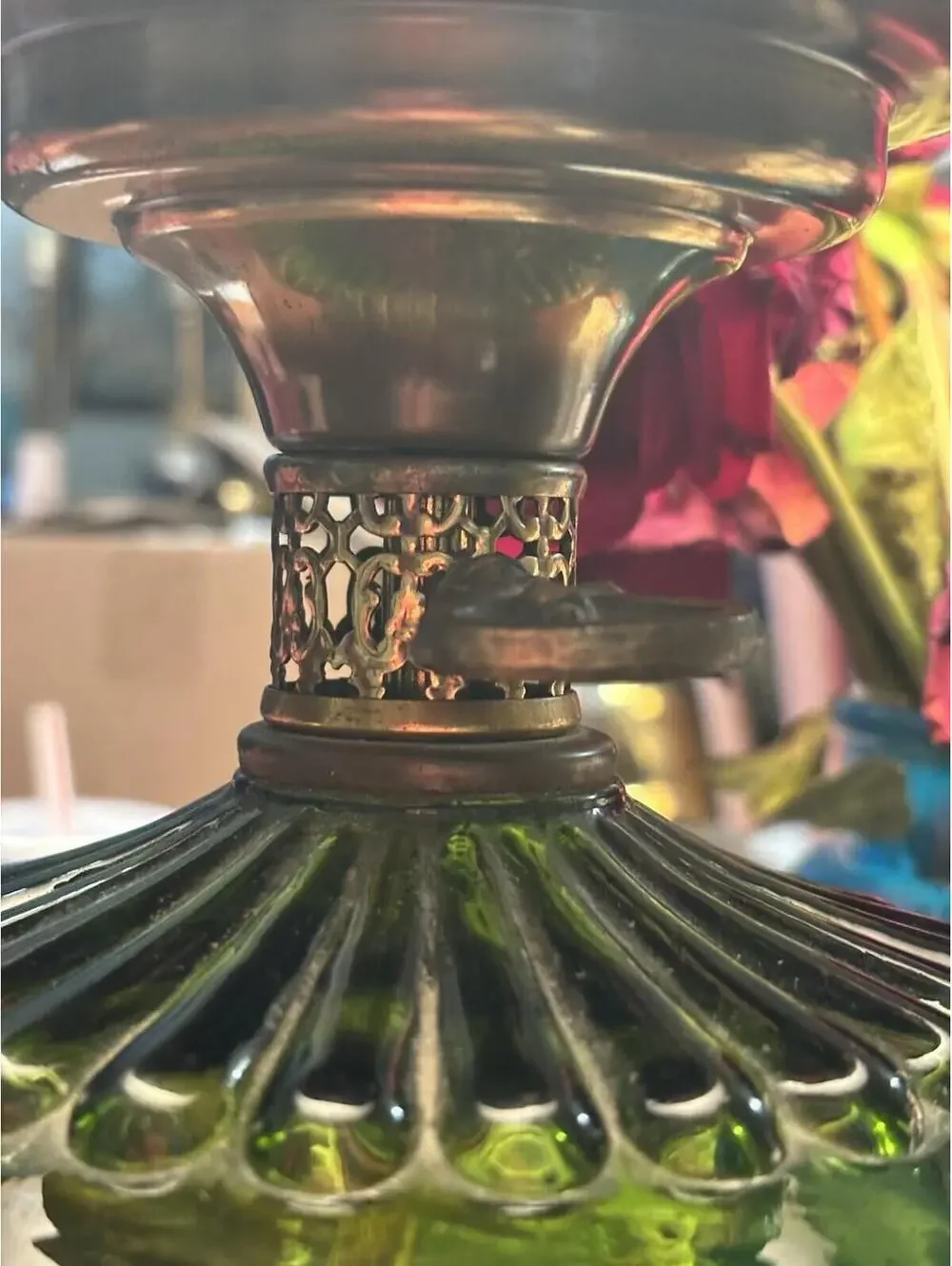 Vintage Style Brass and Green Glass Table Lamp with White Shade